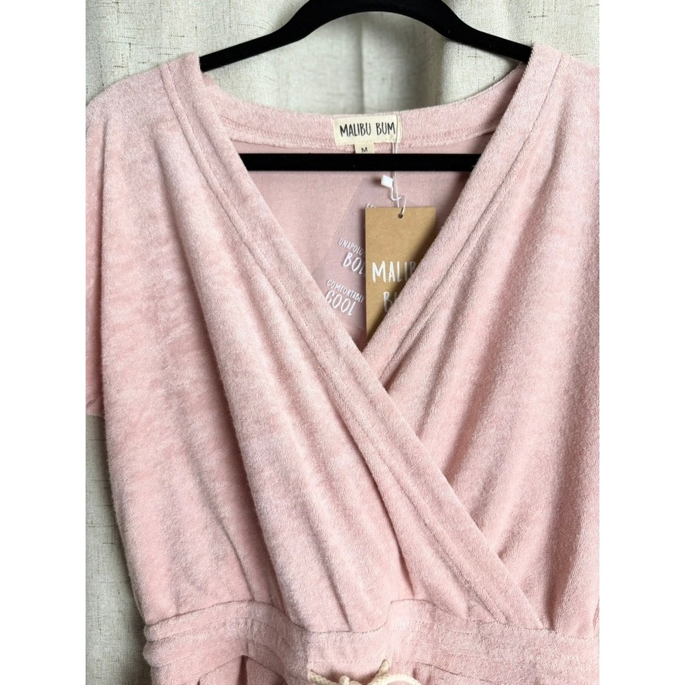 Malibu Bum Pink Terry Cloth Romper Surplice Wrap Drawstring Womens Medium